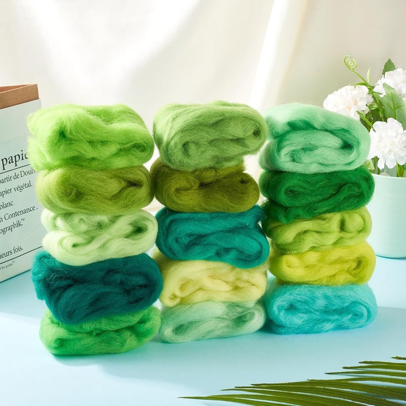 Boutigem 15 Colors 75G Green Needle Felting Wool Roving for DIY Crafts, Green Wool Roving for Spinning, DIY Fiber Wool Yarn, Roving Needle Felts Wool Supplies for Hand Spinning, Weaving and Blending - Image 5